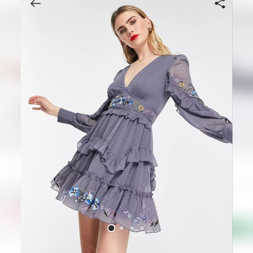Asos design ruffle front mini tea dress with placement embroidery.